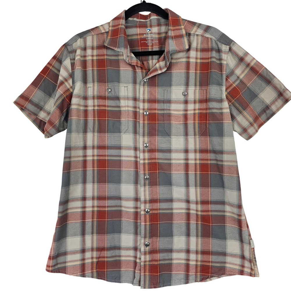 Kuhl Men's Plaid Short Sleeve Button‎ Down Shirt Red Grey Tapered Fit Large